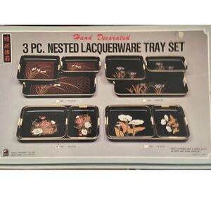 New in box Vintage 3 set black Tray set with peacocks